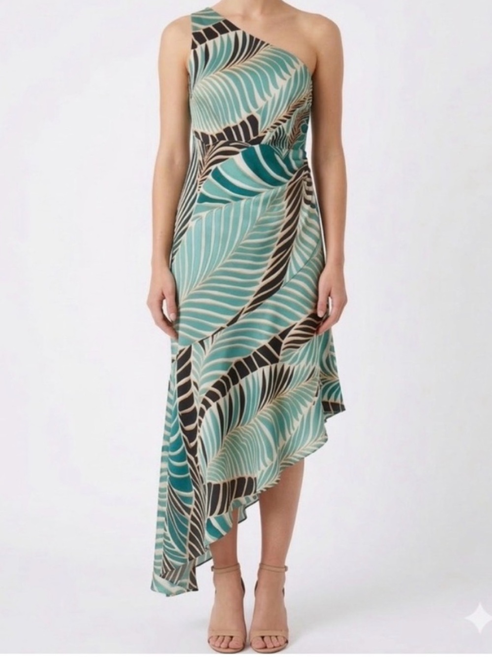 Maggy London Teal and Brown One-Shoulder Palm-Print Asymmetrical Dress size 6